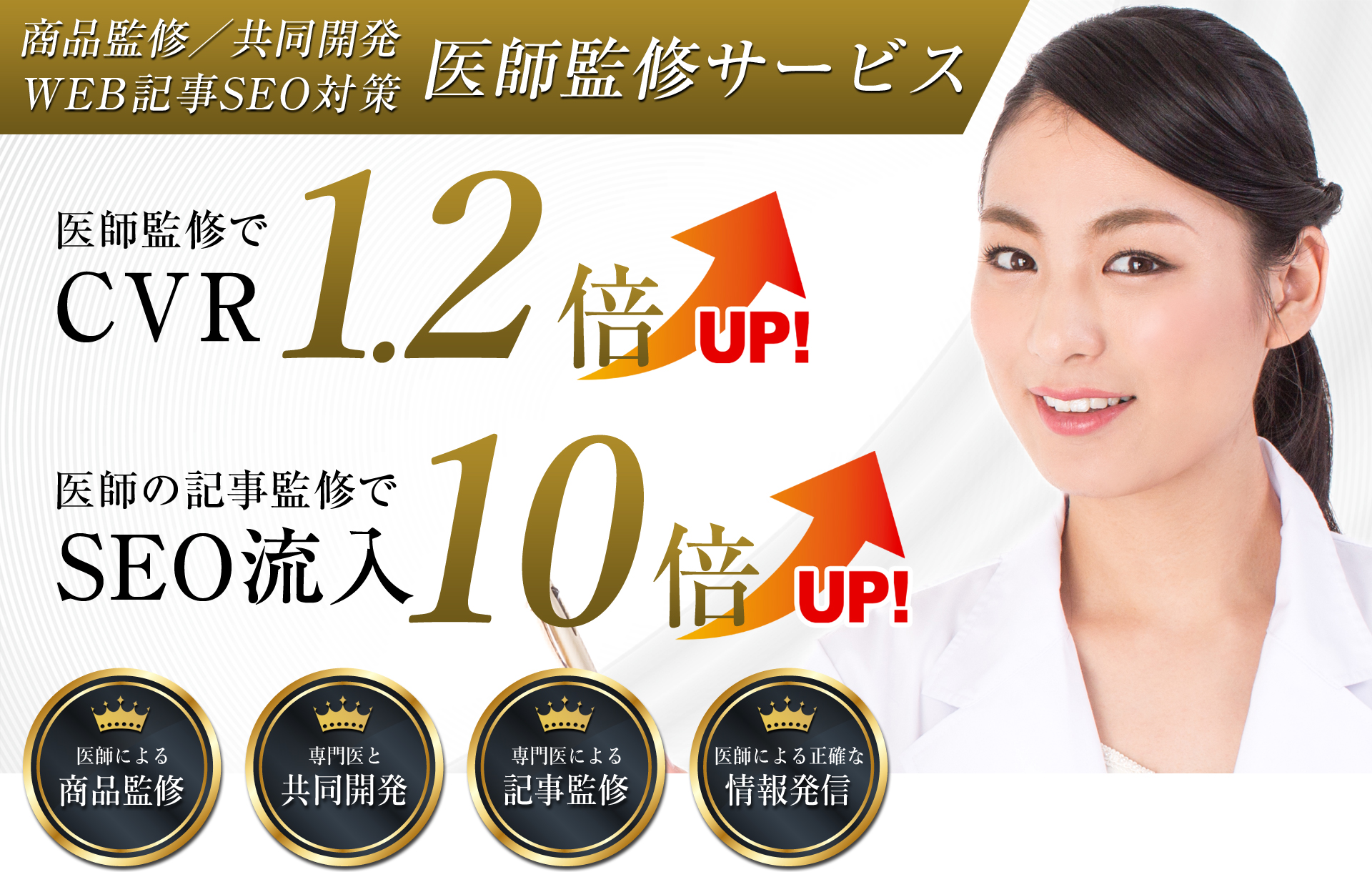 医師による商品監修・共同開発・ウェブ記事監修でコンバージョン1.2倍に向上、SEO流入が10倍に上昇！専門医師による監修サービスなら医師監修サービスへお任せください。